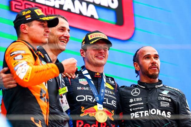 First Place Max Verstappen of the Netherlands and Oracle Red Bull Racing, Second Place Lando Norris of Great Britain and McLaren and Third Place Lewis Hamilton of Great Britain and Mercedes celebrates in the podium after the race, Race, F1 Grand Prix of Spain, Circuit de Barcelona Catalunya on June 23, 2024 in Barcelona, Spain Photo by Diogo Cardoso DeFodi Images First Place Max Verstappen of the Netherlands and Oracle Red Bull Racing, Second Place Lando Norris of Great Britain and McLaren and Third Place Lewis Hamilton of Great Britain and Mercedes celebrates in the podium after the race, Race, F1 Grand Prix of Spain, Circuit de Barcelona Catalunya on June 23, 2024 in Barcelona, Spain Photo by Diogo Cardoso DeFodi Images Defodi 645 f1spa20240623 0754 Defodi-645