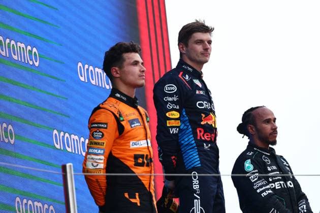 F1 Spanish Grand Prix 2024 Lando Norris of McLaren, Max Verstappen of Red Bull Racing and Lewis Hamilton of Mercedes after the Formula 1 Spanish Grand Prix at Circuit de Barcelona-Catalunya in Barcelona, Spain on June 23, 2024. Barcelona Spain  Copyright: xJakubxPorzyckix originalFilename:porzycki-f1spanis240623_npSAf.jpg