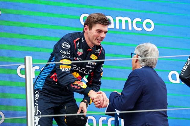 VERSTAPPEN Max (ned), Red Bull Racing RB20, Carmelo Sanz de Barros - FIA Senate President, during the Formula 1 Aramco Gran Premio de Espana 2024, 10th round of the 2024 Formula One World Championship, WM, Weltmeisterschaft from June 21 to 23, 2024 on the Circuit de Barcelona-Catalunya, in Montmeló, Spain - F1 - SPANISH GRAND PRIX 2024 DPPI Panoramic  240623_R10_SPAGNA_DP_FG003846