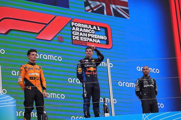 23 06 2024, Circuit de Catalunya, Barcelona, Formula 1 Aramco Grand Prix of Spain 2024 , in the picture podium , winner Max Verstappen NLD , Oracle Red Bull Racing, 2nd place for Lando Norris GBR , McLaren F1 Team, 3rd place for Lewis Hamilton GBR , Mercedes AMG Petronas Formula One Team Defodi 506 20240623 hbr 5915 Defodi-506