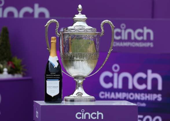 23rd June 2024; Cinch Championships, Queens Club, West Kensington, London, England: Cinch Championships Queens Club, Day 7, mens singles final; Queens Club trophy on a Cinch plinth before being lifted by Tommy Paul (USA) who defeated Lorenzo Musetti (ITA) by two sets, mens singles match  ActionPlus12659314 JohnxPatrickxFletcher