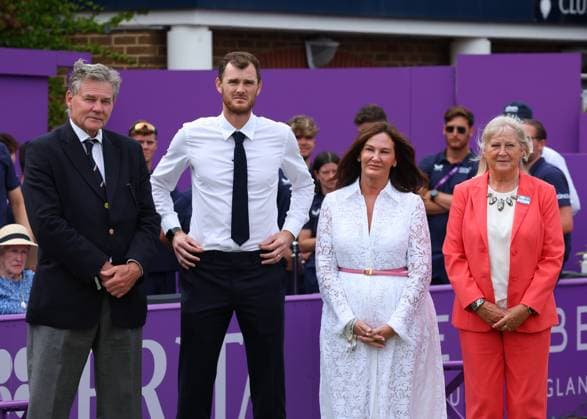 23rd June 2024; Cinch Championships, Queens Club, West Kensington, London, England: Cinch Championships Queens Club, Day 7, mens singles final; Tournament Director Jamie Murray stands next to Chairmen of Constellation Automotive Group Avril Palmer-Baunack, Chair of the Queen& x2019;s Club Simon Greenwell and LTA President Sandi Procter  ActionPlus12659316 JohnxPatrickxFletcher