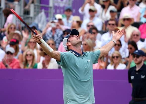 23rd June 2024; Cinch Championships, Queens Club, West Kensington, London, England: Cinch Championships Queens Club, Day 7, mens singles final; Tommy Paul (USA) celebrates after defeating Lorenzo Musetti (ITA) in two sets, mens singles match  ActionPlus12659318 JohnxPatrickxFletcher