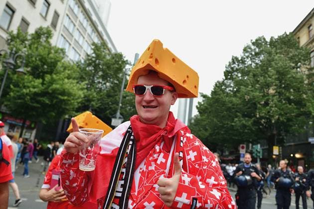 23 6 2024 Soccer fans Fans of the Swiss national team on their way through the Frankfurt train station district to the stadium to watch the match against Germany Frankfurt am Main Kaiserstrasse Hessen Germany 0625284093st