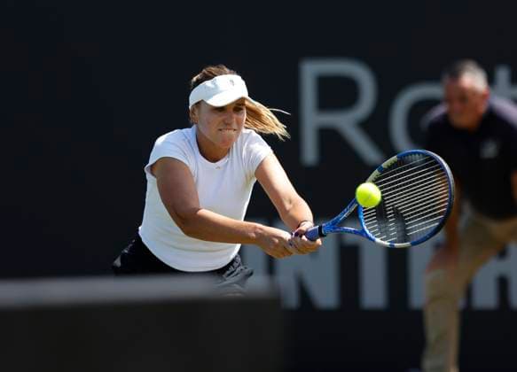 23rd June 2024; Devonshire Park, Eastbourne, East Sussex, England: Rothesay International Eastbourne, Qualifying Day 2, Sofia Kenin (USA) plays a backhand against Viktorija Golubic (SUI) in the Qualification Final  ActionPlus12659396 HongboxChen