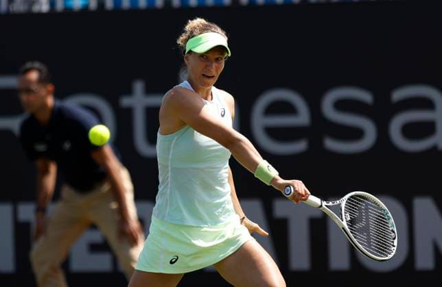 23rd June 2024; Devonshire Park, Eastbourne, East Sussex, England: Rothesay International Eastbourne, Qualifying Day 2, Viktorija Golubic (SUI) plays a backhand against Sofia Kenin (USA) in the Qualification Final  ActionPlus12659399 HongboxChen