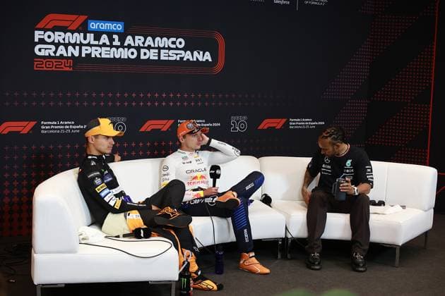Formula 1 Aramco Grand Prix of Spain 2024 23 06 2024, Circuit de Catalunya, Barcelona, Formula 1 Aramco Grand Prix of Spain 2024 , pictured press conference with Max Verstappen NLD , Oracle Red Bull Racing, Lando Norris GBR , McLaren F1 Team and Lewis Hamilton GBR , Mercedes AMG Petronas Formula One Team nordphotoxGmbHx xBratic nph00250