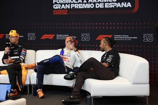 Formula 1 Aramco Grand Prix of Spain 2024 23 06 2024, Circuit de Catalunya, Barcelona, Formula 1 Aramco Grand Prix of Spain 2024 , pictured press conference with Max Verstappen NLD , Oracle Red Bull Racing, Lando Norris GBR , McLaren F1 Team and Lewis Hamilton GBR , Mercedes AMG Petronas Formula One Team nordphotoxGmbHx xBratic nph00250