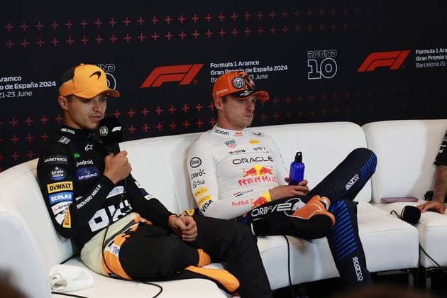 23 06 2024, Circuit de Catalunya, Barcelona, Formula 1 Aramco Grand Prix of Spain 2024 , in the picture press conference with Max Verstappen NLD , Oracle Red Bull Racing, Lando Norris GBR , McLaren F1 Team and Lewis Hamilton GBR , Mercedes AMG Petronas Formula One Team Defodi 506 20240623 hbr 6353 Defodi-506