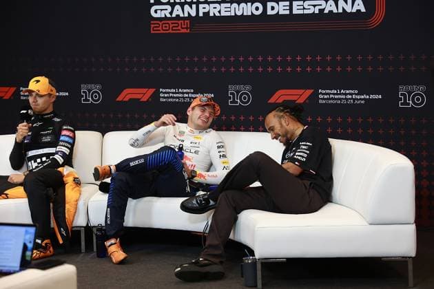 23 06 2024, Circuit de Catalunya, Barcelona, Formula 1 Aramco Grand Prix of Spain 2024 , in the picture press conference with Max Verstappen NLD , Oracle Red Bull Racing, Lando Norris GBR , McLaren F1 Team and Lewis Hamilton GBR , Mercedes AMG Petronas Formula One Team Defodi 506 20240623 hbr 6365 Defodi-506