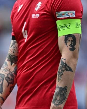 HAMBURG, GERMANY - JUNE 22: Guram Kashia of tattoo s close up during the UEFA EURO, EM, Europameisterschaft,Fussball 2024 group stage match between Georgia and Czechia at Volksparkstadion on June 22, 2024 in Hamburg, Germany. Photo by Sebastian Frej Georgia v Czechia: Group F - UEFA EURO 2024 Copyright: xSebastianxFrejx