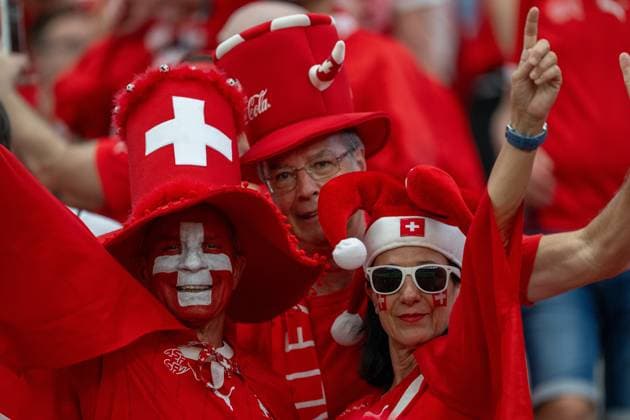 GER, EURO 2024, Group A, Switzerland SUI vs Germany GER 23 06 2024, Frankfurt Arena, Frankfurt, GER, EURO 2024, Group A, Switzerland SUI vs Germany GER In the picture Swiss fans, fan curve fan culture banner poster flag gestures, facial expressions, emotions hats, caps nordphotoxGmbHxx xDenkinger nph00015