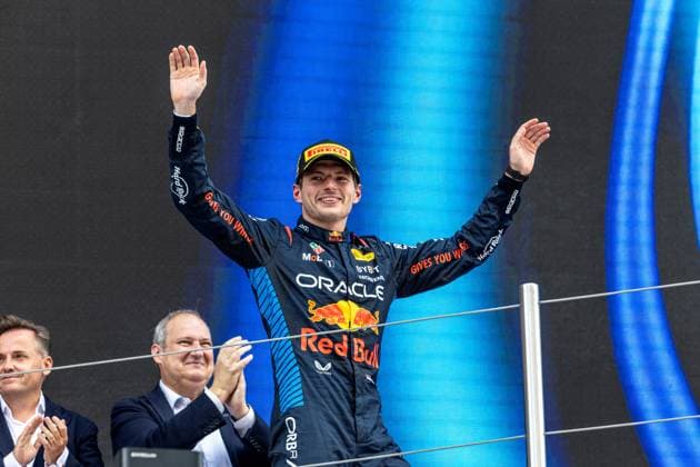 23rd June 2024; Circuit de Barcelona-Catalunya, Barcelona, Spain; Formula 1 Spanish Grand Prix 2023; Race Day; podium ceremony, Max Verstappen of the Red Bull Racing Team celebrates his victory  ActionPlus12659526 PabloxGuillen