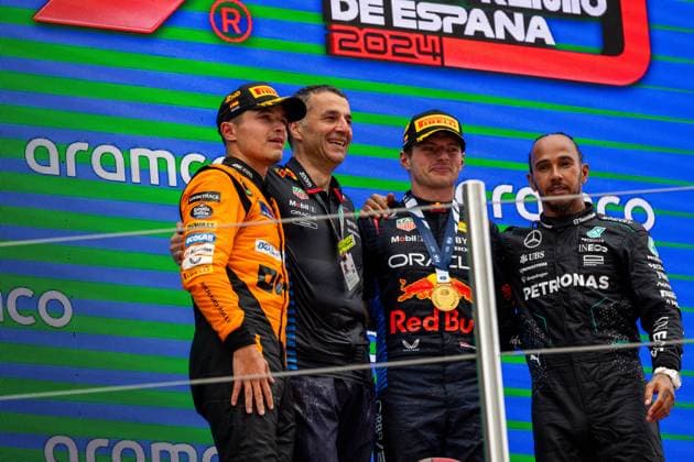 BARCELONA, SPAIN - JUNE 23: The podium finishers after the Formula 1 Spanish Grand Prix on Sunday, June 23, 2024 at the Circuit De Catalunya in Barcelona, Spain. (Photo by Bob Kupbens Icon Sportswire) AUTO: JUN 23 F1 Spanish Grand Prix EDITORIAL USE ONLY Icon240623205