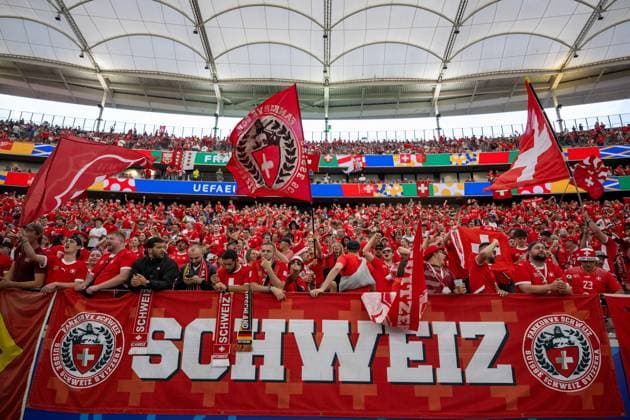 GER, EURO 2024, Group A, Switzerland SUI vs Germany GER 23 06 2024, Frankfurt Arena, Frankfurt, GER, EURO 2024, Group A, Switzerland SUI vs Germany GER In the picture Swiss fan curve Gestures, facial expressions, emotions nordphotoxGmbHxx xDenkinger nph00015