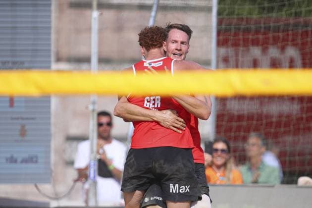 Messina: Maximilian Just (GER) and Robin Sowa (GER) celebration for the victory during World Beach Pro Tour, Beach Volley match in Messina, Italy, June 23 2024 Beach Volley match - World Beach Pro Tour  - ZUMAp169 20240623_zsa_p169_576 Copyright: xIPAx