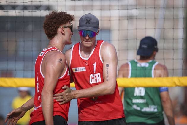 Messina: Maximilian Just (GER) and Robin Sowa (GER) celebration during World Beach Pro Tour, Beach Volley match in Messina, Italy, June 23 2024 Beach Volley match - World Beach Pro Tour  - ZUMAp169 20240623_zsa_p169_586 Copyright: xIPAx