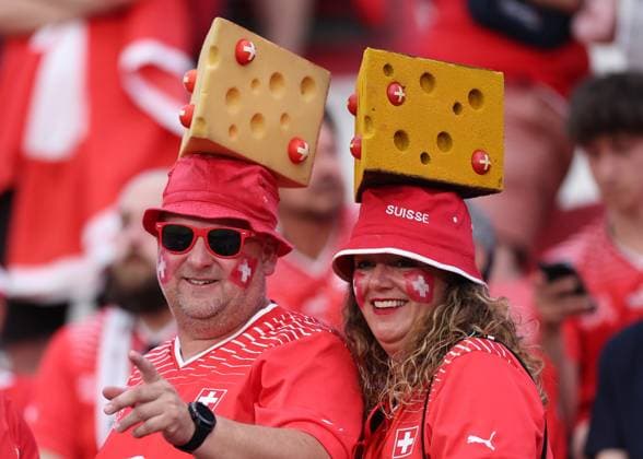 Frankfurt, Germany, 23rd June 2024. Switzerland fans enjoys the atmosphere before the UEFA European Championships match at Commerzbank-Arena, Frankfurt. Picture credit should read: David Klein Sportimage EDITORIAL USE ONLY. No use with unauthorised audio, video, data, fixture lists, club league logos or live services. Online in-match use limited to 120 images, no video emulation. No use in betting, games or single club league player publications. SPI-3203-0011