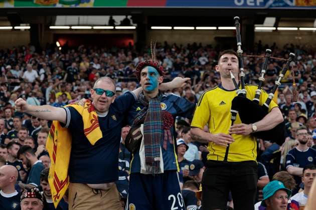 Scotland v Hungary: Group A - UEFA EURO, EM, Europameisterschaft,Fussball 2024 Scottish fans with bagpipes before the UEFA EURO 2024 group stage match between Scotland and Hungary at Stuttgart Arena on June 23, 2024 in Stuttgart, Germany. Stuttgart Stuttgart Arena Germany Germany Copyright: xRichardxSellers Sportsphoto APLx 14042325
