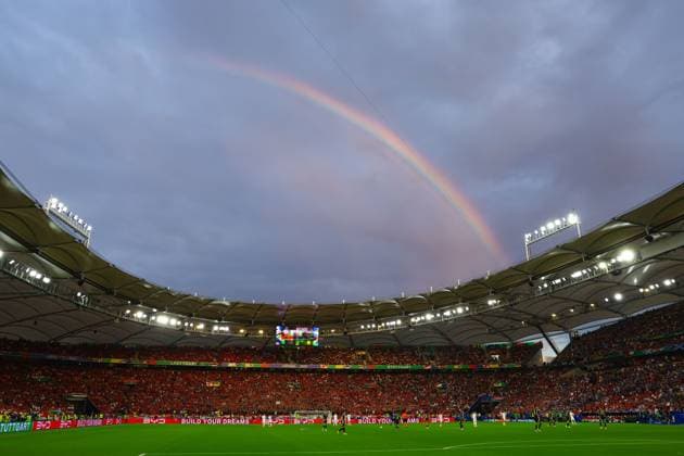 A general view of the action as a Rainbow goes over Stuttgart Arena Scotland v Hungary, UEFA European Championship, EM, Europameisterschaft 2024, Group A, Football, Stuttgart Arena, Stuttgart, Germany, 23 Jun 2024 EDITORIAL USE ONLY No use with unauthorised audio, video, data, fixture lists, club league logos or live services. Online in-match use limited to 120 images, no video emulation. No use in betting, games or single club league player publications.  Copyright: xKieranxMcManus Shutterstockx 14548072ad