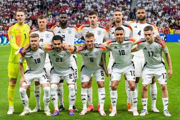 Team photo back goalkeeper Goalie Manuel Neuer Germany, Germany, 01 , Toni Kroos Germany Germany, 08 , Antonio Rüdiger Germany Germany, 02 , Kai Havertz Germany Germany Germany, 07 , Robert Andrich Germany Germany, 23 , Jonathan Tah Germany Germany, 04 front Maximilian Mittelstädt Germany Germany, 18 , Ilkay Gündogan Germany Germany, 21 , Joshua Kimmich Germany Germany, 06 , Jamal Musiala Germany Germany Germany, 10 , Florian Wirtz Germany Germany, 17 Frankfurt 23 06 2024 Germany vs Switzerland, EURO2024 M25, Group A, EM Arena Frankfurt