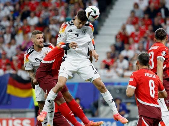 23 06 2024, Football, Euro 2024, Preliminary round, Switzerland - Germany, GER, Frankfurt, Stadium picture from left Manuel Akanji Switzerland, 5 and Kai Havertz Germany, 7 with a header, Copyright: HMBxMedia xHeikoxBecker