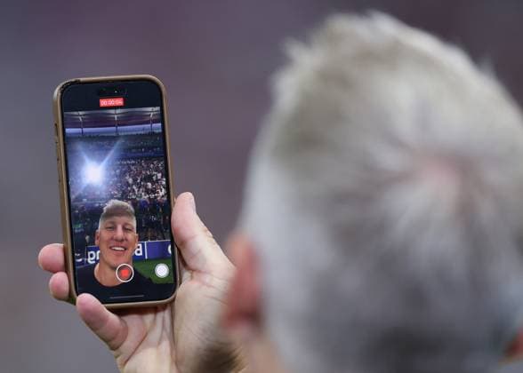 Frankfurt, Germany, 23rd June 2024. Former player Bastian Schweinsteiger makes a video call to sow the atmosphere during the UEFA European Championships match at Commerzbank-Arena, Frankfurt. Picture credit should read: David Klein Sportimage EDITORIAL USE ONLY. No use with unauthorised audio, video, data, fixture lists, club league logos or live services. Online in-match use limited to 120 images, no video emulation. No use in betting, games or single club league player publications. SPI-3203-0035