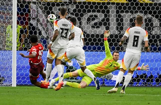 23 06 2024, xpsx, European Football Championship 2024, Switzerland Germany emspor, v l tor für die schweiz torschütze Dan Ndoye Switzerland , Jonathan Tah German national football team DFB , Manuel Neuer German national football team DFB DFL DFB REGULATIONS PROHIBIT ANY USE OF PHOTOGRAPHS as IMAGE SEQUENCES and or QUASI VIDEO emspor Frankfurt