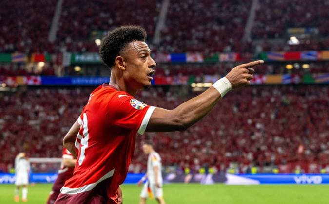 Soccer, Men, Season 2023 24, Euro EM 2024, Group A 3 Matchday in Frankfurt, Switzerland Germany, Dan Ndoye Switzerland , cheering after scoring 1 0, 23 06 2024, Copyright: xMatthiasxKochx
