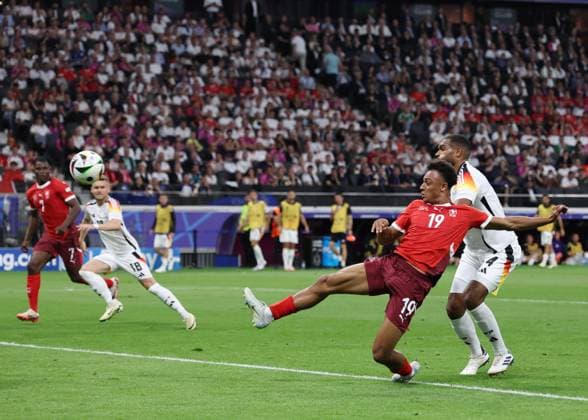 Frankfurt, Germany, 23rd June 2024. Dan Ndoye of Switzerland scores the first goal during the UEFA European Championships match at Commerzbank-Arena, Frankfurt. Picture credit should read: David Klein Sportimage EDITORIAL USE ONLY. No use with unauthorised audio, video, data, fixture lists, club league logos or live services. Online in-match use limited to 120 images, no video emulation. No use in betting, games or single club league player publications. SPI-3203-0058