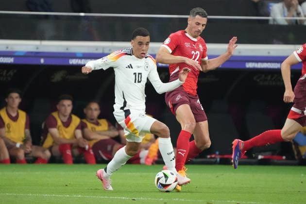 Jamal Musiala Germany Germany, 10 vs Fabian Schär Switzerland, Switzerland, Suisse, 22 Frankfurt 23 06 2024 Germany vs Switzerland, EURO2024 M25, Group A, EM Arena Frankfurt