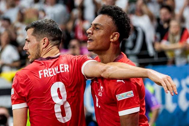 UEFA EURO 2024 Switzerland Germany 23 06 2024 Dan Ndoye Switzerland, 19 and Remo Freuler Switzerland, 8 cheer after scoring UEFA EURO 2024 Switzerland Germany Frankfurt Arena, Frankfurt 23 06 2024 Copyright: xBEAUTIFULxSPORTS Wunderlx