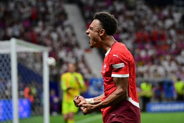 Goal celebration for 1 0 by Dan Ndoye 19 Switzerland , Switzerland vs Germany, Football, UEFA Euro 2024, Group stage, Matchday 3, 23 06 2024 Frankfurt Nordrhein Westfalen Germany Copyright: xkolbert-press MarcxNiemeyerx