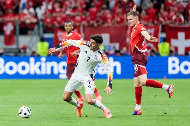 UEFA EURO 2024 Switzerland Germany 23 06 2024 Kai Havertz Germany, 7 in duel with Michel Aebischer Switzerland, 20 UEFA EURO 2024 Switzerland Germany Frankfurt Arena, Frankfurt 23 06 2024 Copyright: xBEAUTIFULxSPORTS Wunderlx