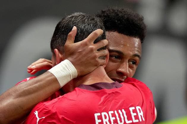 Sport Bilder des Tages Switzerland s Dan Ndoye celebrates after scoring 1-0 during the Euro 2024 soccer match between Switzerland and Germany at the Frankfurt Arena , Frankfurt , Germany - Sunday 23 June 2024. - Soccer .  Copyright: xSpada LaPressex