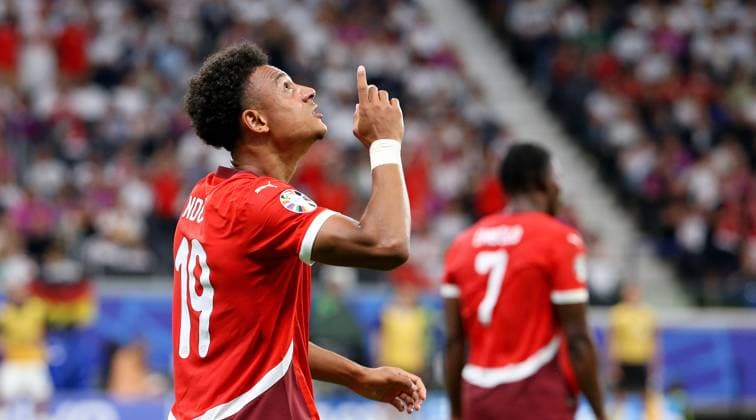 BAU 23 06 2024 Frankfurt Football EM 2024 Switzerland vs Germany, scorer Dan Ndoye SUI celebrates his goal for 1 0