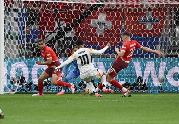 Jamal Musiala Germany fouls Michel Aebischer Switzerland , the subsequent goal by Robert Andrich Germany is disallowed 23 06 2024, European Football Championship 2024, Preliminary round, Matchday 3 Switzerland Germany Frankfurt Frankfurt Arena Hessen Germany Team2
