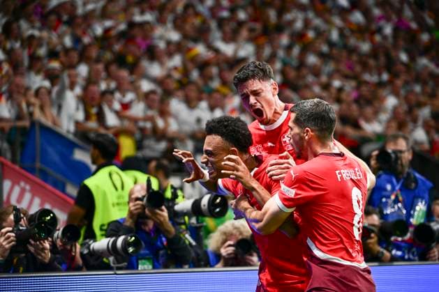 Goal celebration for 1 0 by Dan Ndoye 19 Switzerland , Switzerland vs Germany, Football, UEFA Euro 2024, Group stage, Matchday 3, 23 06 2024 Frankfurt Nordrhein Westfalen Germany Copyright: xkolbert-press MarcxNiemeyerx