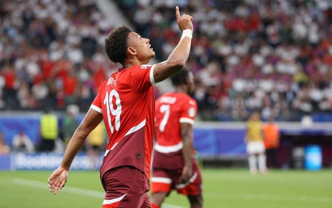 BAU 23 06 2024 Frankfurt Football EM 2024 Switzerland vs Germany, scorer Dan Ndoye SUI celebrates his goal for 1 0