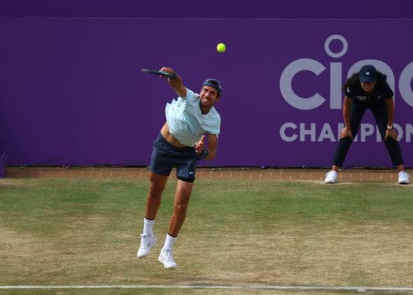 23rd June 2024; Cinch Championships, Queens Club, West Kensington, London, England: Cinch Championships Queens Club, Day 7; Karen Khachanov (RUS) serves to Michael Venus (NZL), mens doubles final  ActionPlus12659564 JohnxPatrickxFletcher
