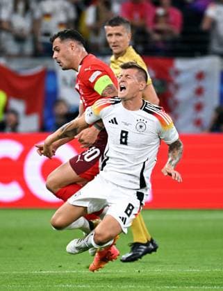 Football, European Championship, EURO 2024, Group A, Frankfurt Arena Switzerland Germany Toni Kroos GER , Granit Xhaka SUI Action
