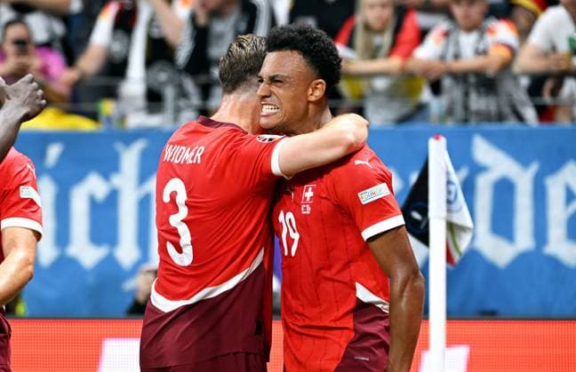 Football, European Championship, EURO 2024, Group A, Frankfurt Arena Switzerland Germany Cheering Dan Ndoye SUI after his goal to make it 1-0, together with Silvan Widmer SUI Cheering, joy, action