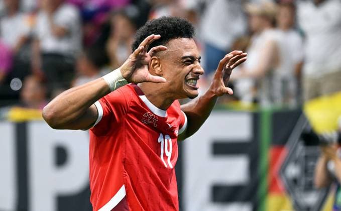 Football, European Championship, EURO 2024, Group A, Frankfurt Arena Switzerland Germany Cheers Dan Ndoye SUI after his goal to make it 1-0 Cheers, joy, action