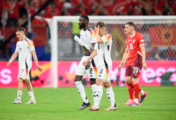 v l Florian WIRTZ GER , Antonio RUEDIGER Rüdiger GER , Joshua KIMMICH GER disappointed Preliminary Round 3 Matchday, Group A, Match M25, Switzerland SUI Germany GER , on 23 06 2024 in Frankfurt Germany European Football Championship 2024 from 14 06 14 07 2024 in Germany Â