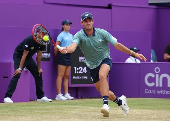 23rd June 2024; Cinch Championships, Queens Club, West Kensington, London, England: Cinch Championships Queens Club, Day 7; Tommy Paul (USA) with a forehand shot to Lorenzo Musetti (ITA), mens singles final match  ActionPlus12659578 JohnxPatrickxFletcher
