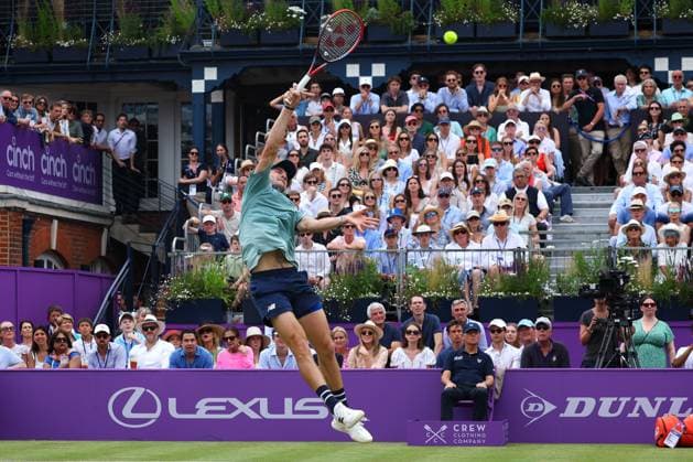 23rd June 2024; Cinch Championships, Queens Club, West Kensington, London, England: Cinch Championships Queens Club, Day 7; Tommy Paul (USA) with a forehand shot to Lorenzo Musetti (ITA), mens singles final match  ActionPlus12659579 JohnxPatrickxFletcher