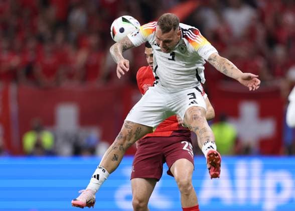 Frankfurt, Germany, 23rd June 2024. David Raum of Germany intercepts a pass during the UEFA European Championships match at Commerzbank-Arena, Frankfurt. Picture credit should read: David Klein Sportimage EDITORIAL USE ONLY. No use with unauthorised audio, video, data, fixture lists, club league logos or live services. Online in-match use limited to 120 images, no video emulation. No use in betting, games or single club league player publications. SPI-3203-0098