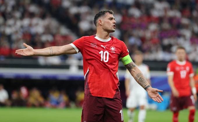 Granit Xhaka pointing, gesticulating action upper body Sport Football Soccer European Championship Euro 2024 European Championship Men Season 2023 2024 23 06 2024 Switzerland SUI vs Germany GER in Frankfurt a M DFL regulations prohibit any use of photographs as image sequences and or quasi video