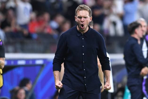 Soccer UEFA EURO 2024 Group stage 3 Matchday Switzerland Germany on 23 06 2024 at Frankfurt Arena in Frankfurt Goal celebration Cheering Goal for 1 1 by Niclas Füllkrug Germany Germany Julian Nagelsmann national coach Coach Germany Cheering Joy Emotions xRx