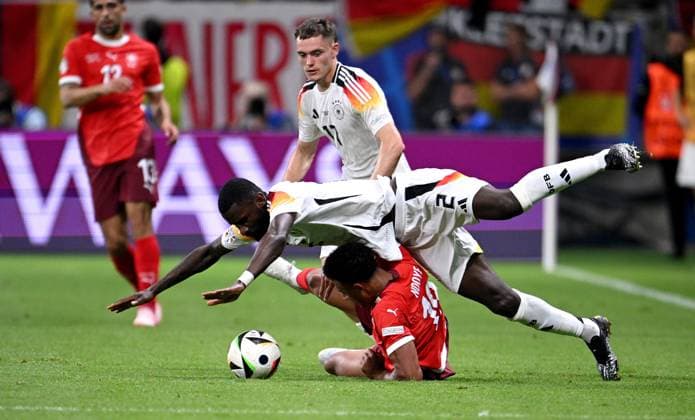 Football Euro 2024 Group A 23 06 2024 Switzerland Germany Florian Wirtz top, Germany vs Antonio Ruediger middle, Germany vs Dan Ndoye bottom, Switzerland